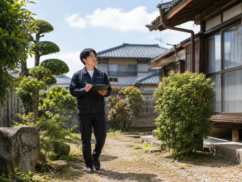 空き家の庭と敷地を確認する代表