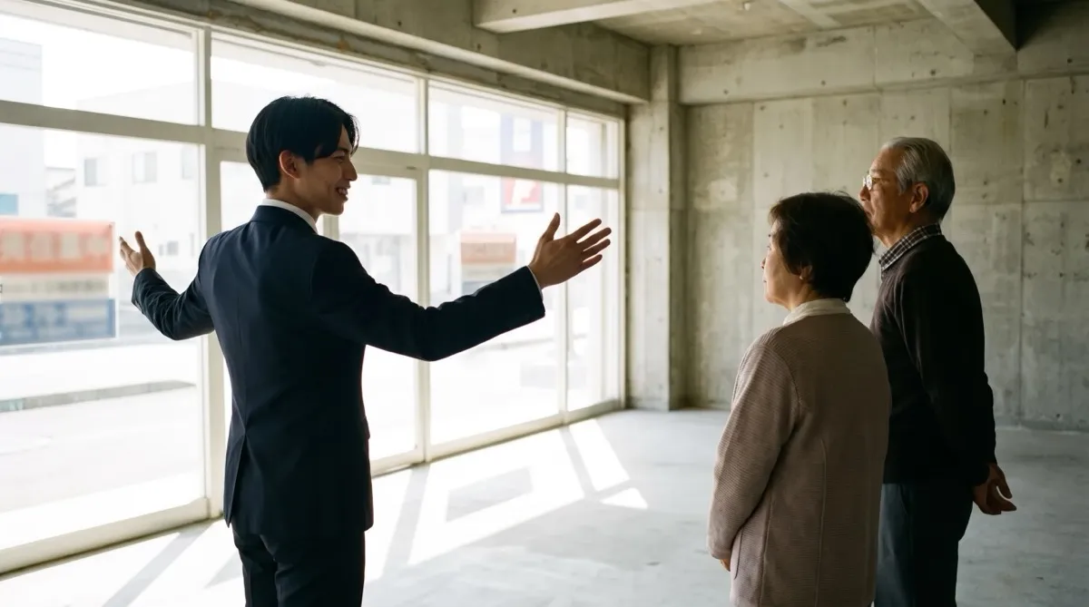 担当者が夫婦に空き店舗を内見案内している様子