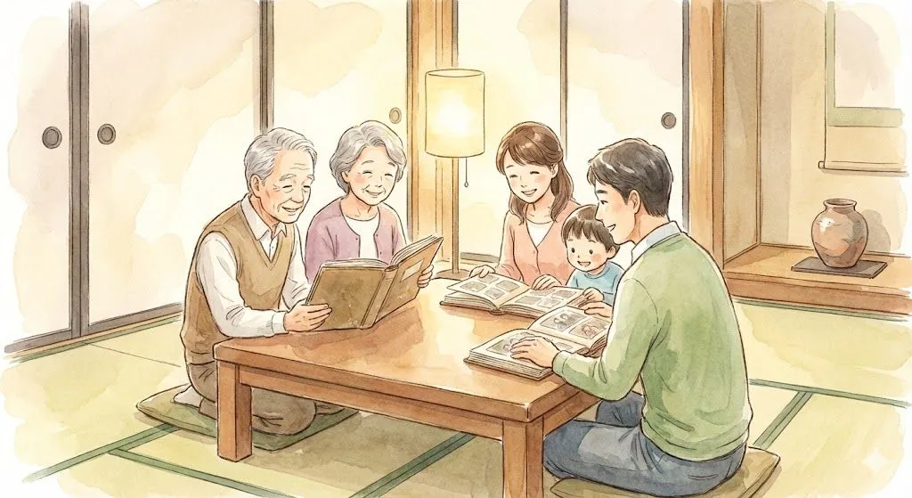 実家で家族が集まって話をするイラスト
