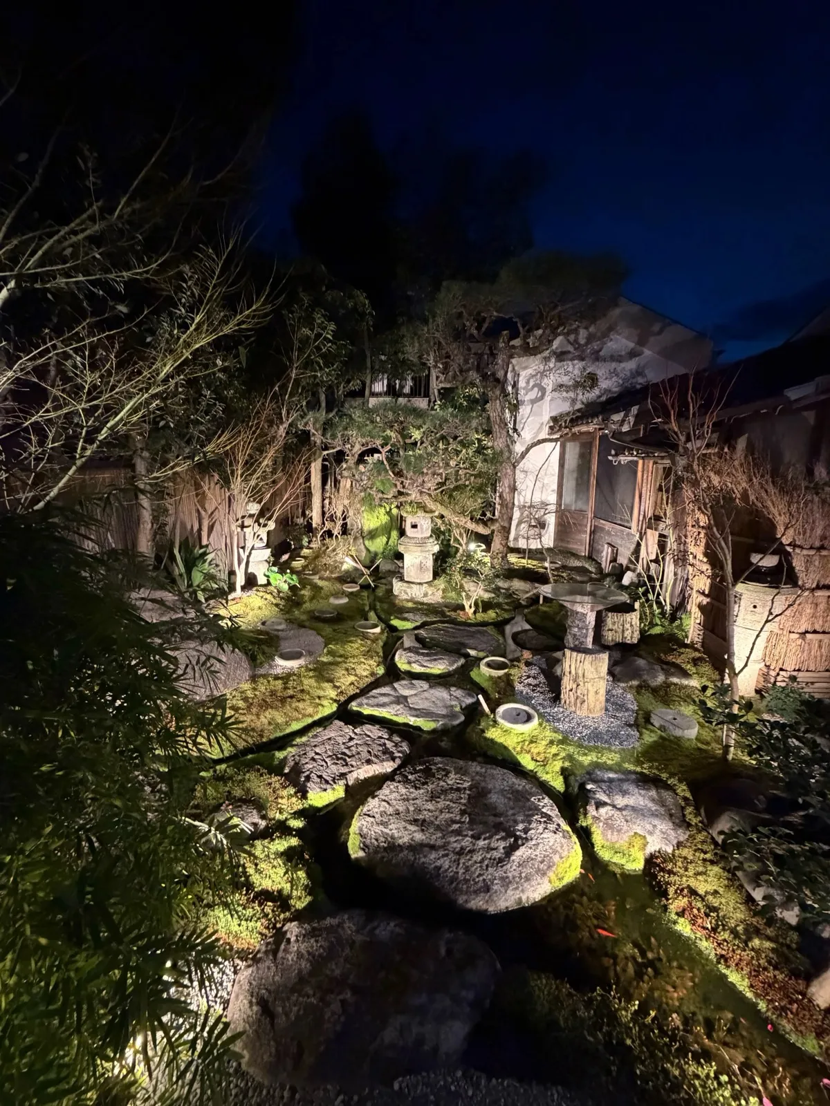 苔むした庭石と灯籠。手入れの行き届いた和風庭園が宿の格を物語る