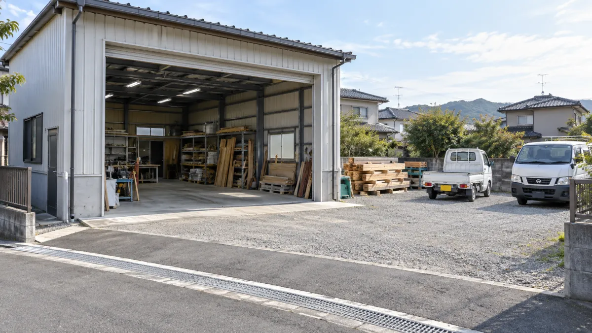 倉庫に資材置き場と車両用スペースを併設したイメージ